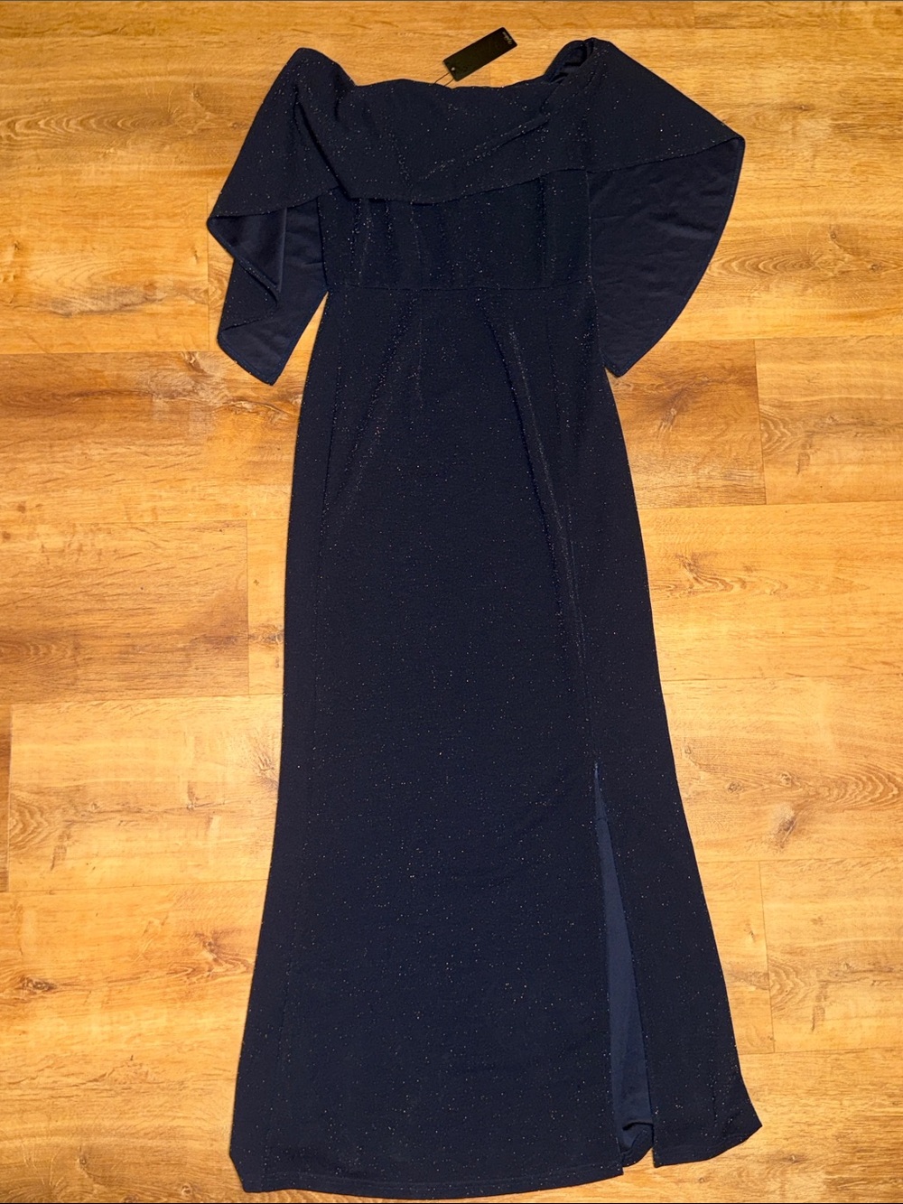 Off-Shoulder Sparkle Maxi Dress in Navy